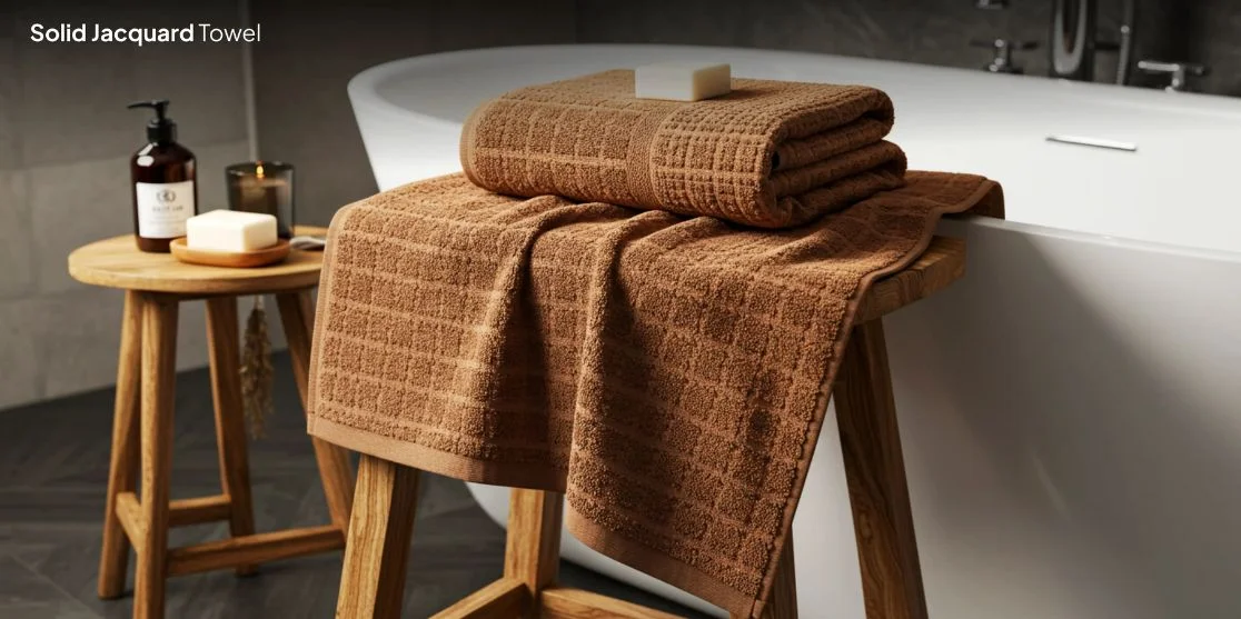Brown jacquard towel on stool by bathtub.